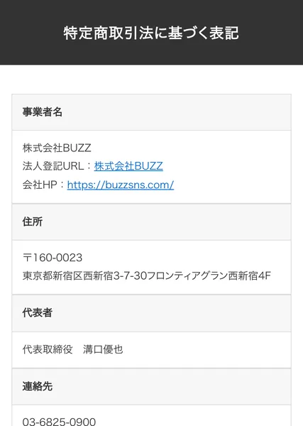 あべむつきの広告ページの特定商取引法に基づく表記の上の部分。事業者名の株式会社BUZZ、西新宿の住所、代表取締役の溝口優也、03から始まる電話番号が並んでいる