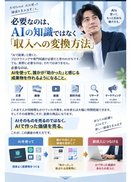 AI HACKWORKS+の2週間トライアルの申込ページの中ほど。必要なのは、AIの知識ではなく収入への変換方法、AIそのものを売るのではなく、AIで作った価値を売る、と書かれている