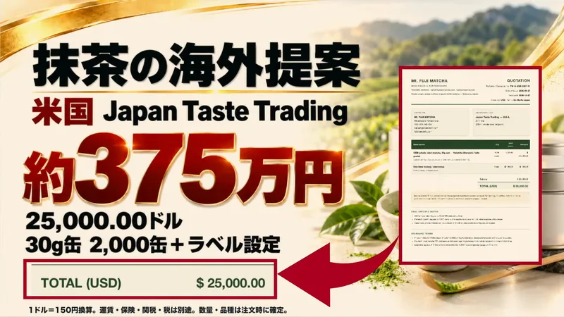 配信の画面。抹茶の海外提案、米国Japan Taste Trading、約375万円、25,000.00ドル、30g缶2,000缶とラベル設定と書かれ、請求書の画像が添えられている
