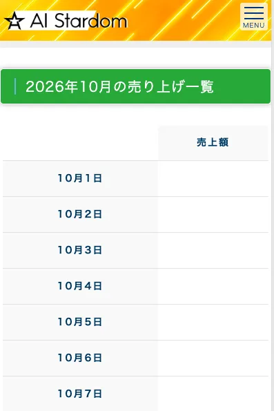 AI Stardomの専用サイトの2026年10月の売り上げ一覧。10月1日から10月10日までの売上額の欄が並んでいる