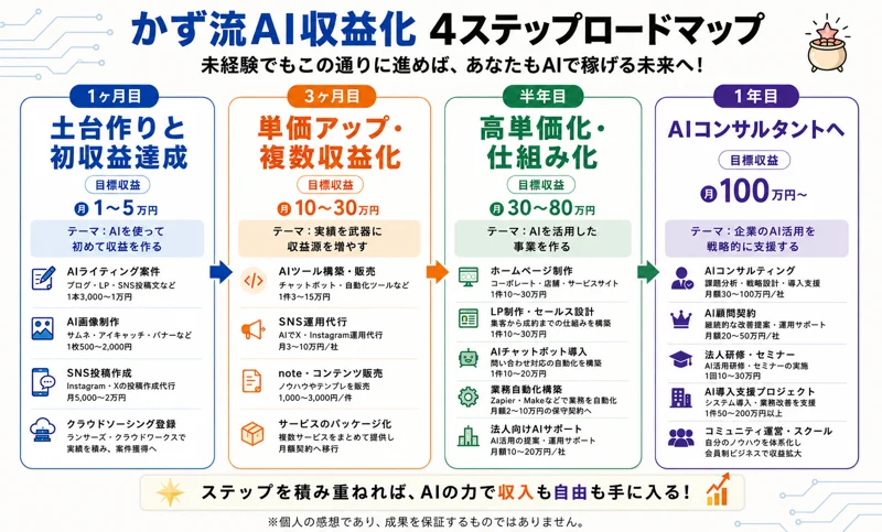 AI収益化スタートアップ会の案内ページにある、かず流AI収益化4ステップロードマップ。1ヶ月目の目標収益は月1〜5万円、3ヶ月目は月10〜30万円、半年目は月30〜80万円、1年目は月100万円〜と書かれ、下に個人の感想であり成果を保証するものではありませんと注記がある