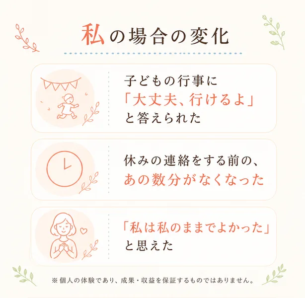 あきほんの広告の「私の場合の変化」。子どもの行事に「大丈夫、行けるよ」と答えられた。休みの連絡をする前のあの数分がなくなった。「私は私のままでよかった」と思えた。この3つが並び、下に個人の体験であり成果・収益を保証するものではありませんと注記されている