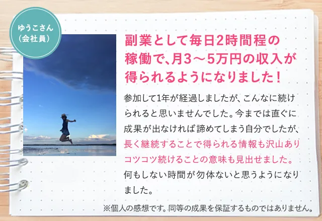 在宅アパレルバイヤーの受講者の声。副業として毎日2時間程の稼働で、月3〜5万円の収入が得られるようになりました、参加して1年が経過しましたと書かれている