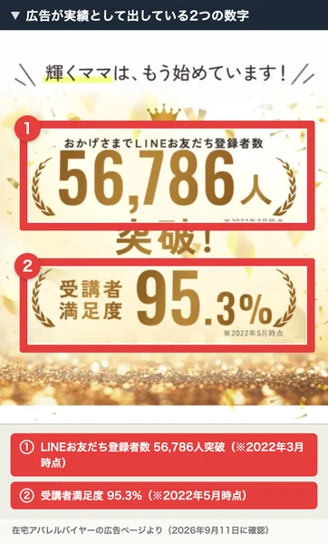 在宅アパレルバイヤーは怪しいかを調べた記事。LINEお友だち登録者数56,786人突破は2022年3月時点、受講者満足度95.3%は2022年5月時点と書かれている