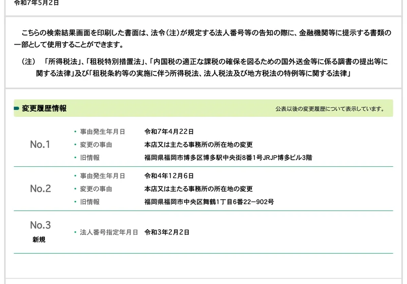 国税庁法人番号公表サイトの一般社団法人日本在宅アパレルバイヤー協会の変更履歴情報。令和7年4月22日と令和4年12月6日に所在地が変更され、令和3年2月2日に法人番号が指定されたと書かれている