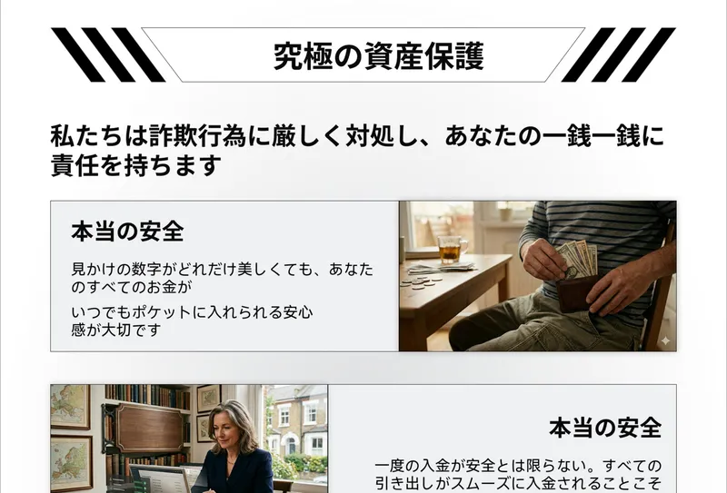 ATRの資料1ページ目の究極の資産保護。私たちは詐欺行為に厳しく対処し、あなたの一銭一銭に責任を持ちます、本当の安全、見かけの数字がどれだけ美しくても、あなたのすべてのお金がいつでもポケットに入れられる安心感が大切ですと書かれている