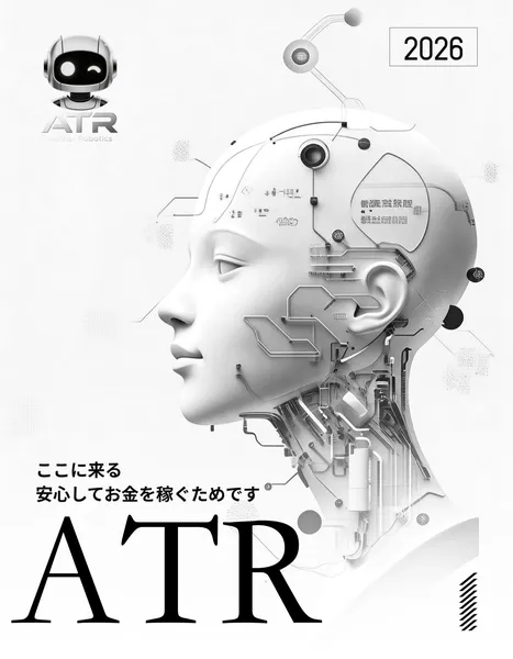 ATRの日本語資料の表紙。ここに来る安心してお金を稼ぐためです、ATR、2026と書かれ、ロボットの頭の絵が描かれている