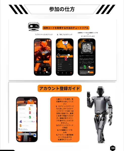 ATRの資料34ページの参加の仕方。招待コードを取得する方法のチュートリアルとアカウント登録ガイドが、スマホの画面と一緒に並んでいる
