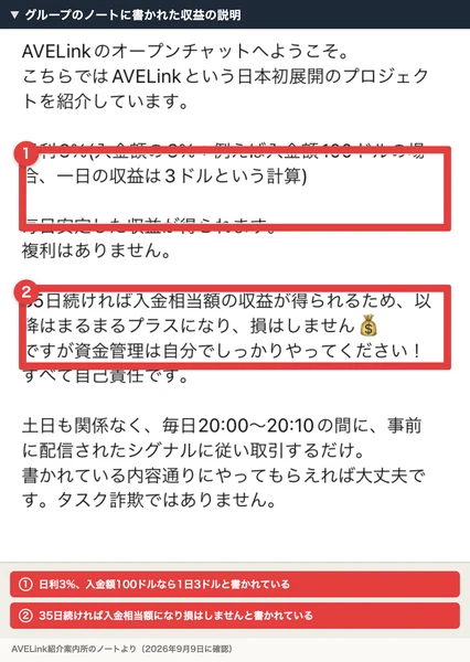 AVELink紹介案内所のノート。日利3%で入金額100ドルなら1日3ドル、35日続ければ入金相当額の収益が得られるため損はしませんと書かれている