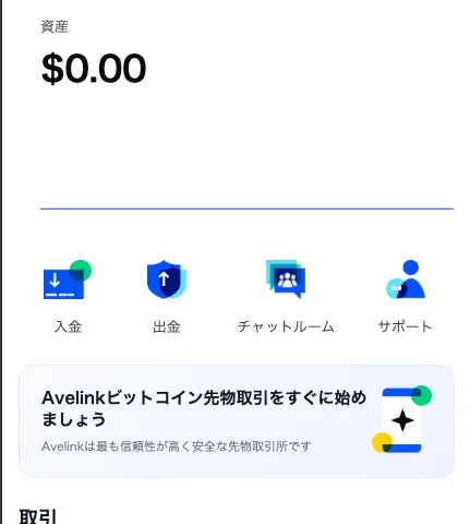 AveLinkのホーム画面。資産0.00ドルと表示され、入金、出金、チャットルーム、サポートのボタンと、Avelinkビットコイン先物取引をすぐに始めましょうという案内が並んでいる