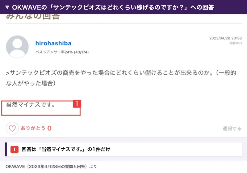OKWAVEの「サンテックビオズの商売をやった場合にどれくらい儲けることが出来るのか」という質問への回答。「当然マイナスです。」の一文が赤枠で囲まれている