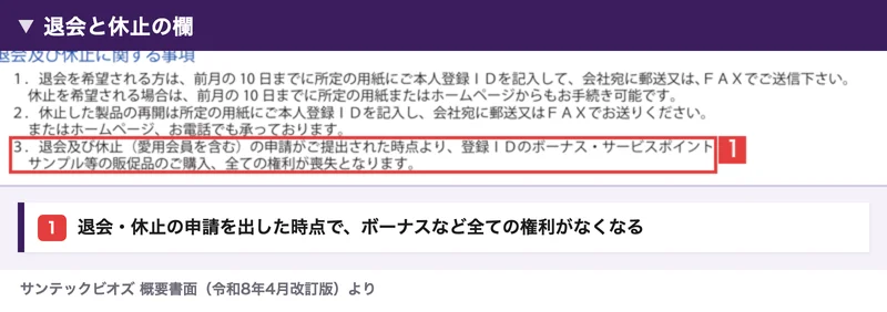 サンテックビオズの概要書面「退会及び休止に関する事項」。退会及び休止の申請が提出された時点より、登録IDのボーナス・サービスポイント・販促品の購入など全ての権利が喪失すると赤枠で囲まれている