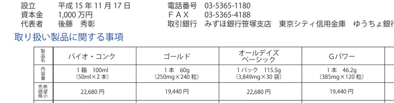 サンテックビオズの概要書面。取り扱い製品に関する事項の表に、バイオ・コンク 1箱100ml(50ml×2本)希望小売価格22,680円と書かれている