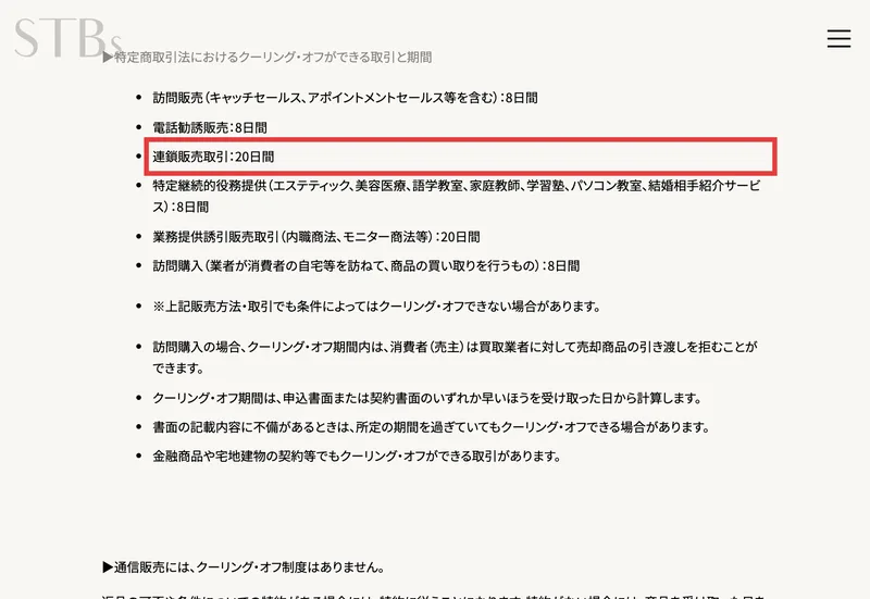 サンテックビオズのクーリングオフのページ。特定商取引法におけるクーリング・オフができる取引と期間の一覧に、連鎖販売取引:20日間と赤枠で書かれている