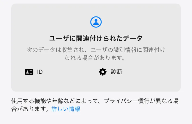 App StoreのBonChatのアプリのプライバシー欄。ユーザに関連付けられたデータとして、IDと診断の2つだけが表示されている