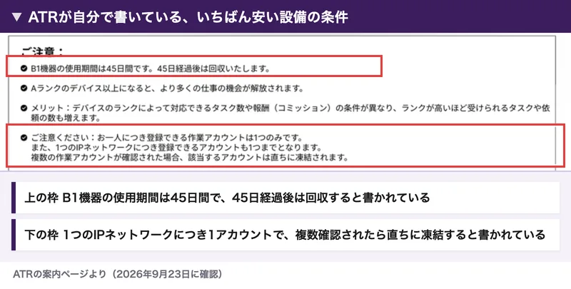 ATRの設備の収益ページの注意書き。B1機器の使用期間は45日間で45日経過後は回収する、お一人につき登録できる作業アカウントは1つ、1つのIPネットワークにつき1アカウントまでで複数確認された場合は直ちに凍結すると書かれている