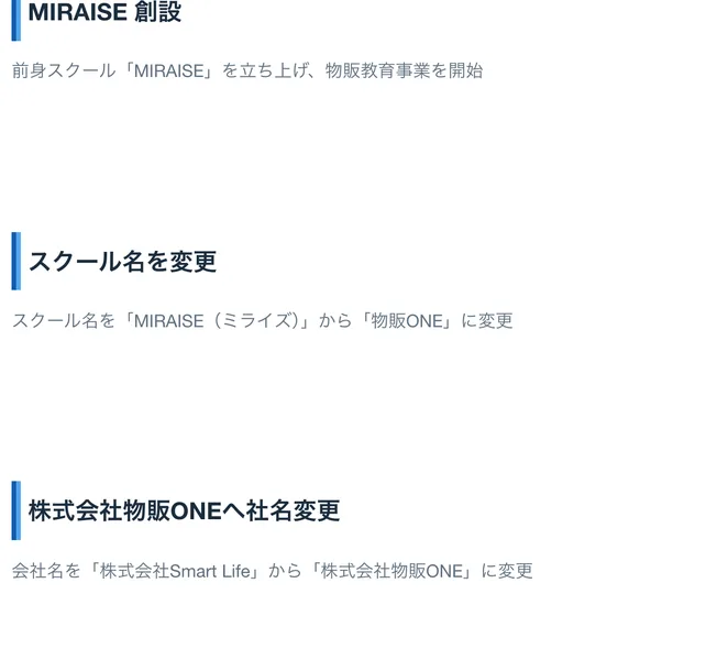 株式会社ONEの会社概要の沿革。2019年12月にMIRAISE創設、前身スクールMIRAISEを立ち上げ物販教育事業を開始、その後スクール名をMIRAISEから物販ONEに変更と書かれている