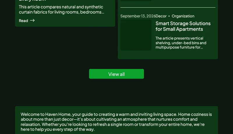 Haven Homeという英語のブログの記事一覧に、September 13, 2026という日付でSmart Storage Solutions for Small Apartmentsという記事が並んでいる