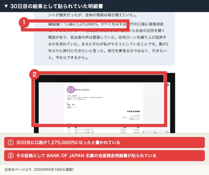 30日目に口座が1,275,000円になったという体験談の下に、BANK OF JAPANのロゴが入った当座預金明細書が貼られている