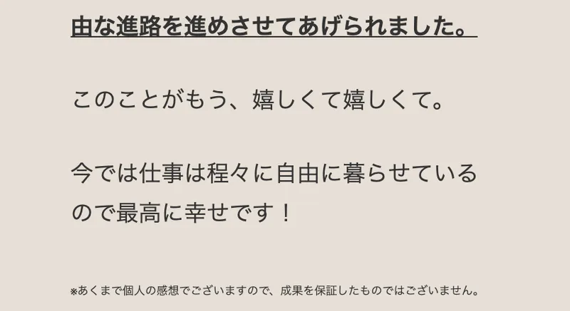 実践者のインタビューの末尾。※あくまで個人の感想でございますので、成果を保証したものではございませんという注記が書かれている