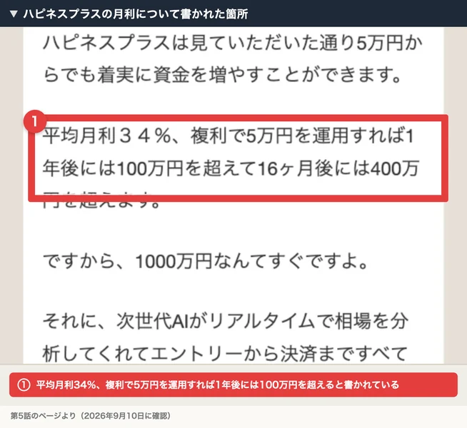 第5話の質問コーナー。ハピネスプラスは5万円からでも着実に資金を増やすことができます、平均月利34%、複利で5万円を運用すれば1年後には100万円を超えて16ヶ月後には400万円を超えます、と書かれている