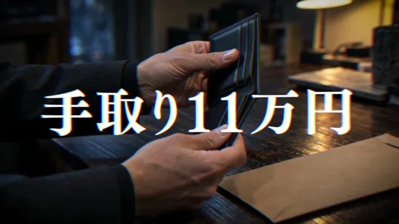 FINAL PROJECTの広告の動画の場面。財布を開く手の上に手取り11万円と大きく出ている