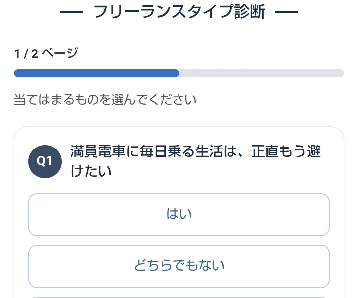 フリーランスタイプ診断の1ページ目に満員電車に関する質問が表示される