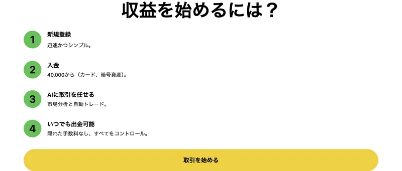 GEKUBO AIの「収益を始めるには?」の図。1新規登録、2入金、3AIに取引を任せる、4いつでも出金可能という4つのステップが並んでいる