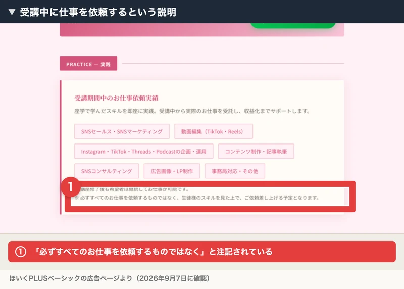 ほいくPLUSベーシックの受講期間中のお仕事依頼実績。SNSセールス、動画編集、コンテンツ制作などが並び、その下に必ずすべてのお仕事を依頼するものではなくという注記が付いている
