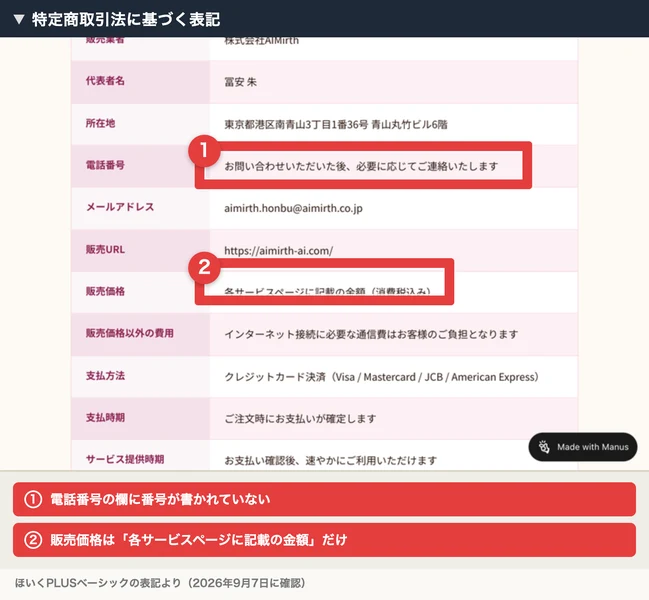 ほいくPLUSベーシックの特定商取引法に基づく表記。電話番号の欄にお問い合わせいただいた後、必要に応じてご連絡いたしますと書かれ、販売価格の欄には各サービスページに記載の金額と書かれている