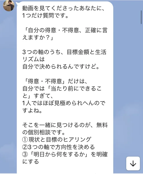 ほなみのLINEのメッセージ。自分の得意不得意を正確に言えますか?と問いかけ、得意不得意だけは1人ではほぼ見極められへん、そこを一緒に見つけるのが無料の個別相談ですとある。その下に現状と目標のヒアリング、3つの軸で方向性を決める、明日から何をするかを明確にする、の3つが並んでいる