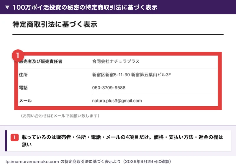 100万ポイ活投資の秘密の特定商取引法に基づく表示。販売者及び販売責任者は合同会社ナチュラプラス、住所は新宿区新宿5-11-30新宿第五葉山ビル3F、電話050-3709-9588、メールのGmailアドレスの4項目だけが並んでいる