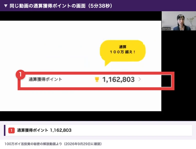 同じ動画の通算獲得ポイントの画面。通算獲得ポイント1,162,803と表示され、吹き出しに通算100万越えと書かれている
