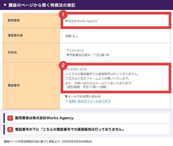 講座のページから開く特定商取引法に基づく表記。販売業者は株式会社Works Agency、運営責任者は伊藤弘人、所在地は東京都墨田区錦糸一丁目2番1号、電話番号の下にこちらの電話番号での直接販売は行っておりませんと書かれている