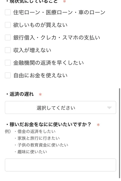 株式会社8の受取登録フォームの選択肢。現状気にしていることとして住宅ローン・医療ローン・車のローン/銀行借入・クレカ・スマホの支払い/金融機関の返済を早くしたいが並び、その下に返済の遅れと稼いだお金の使い道を答える欄がある