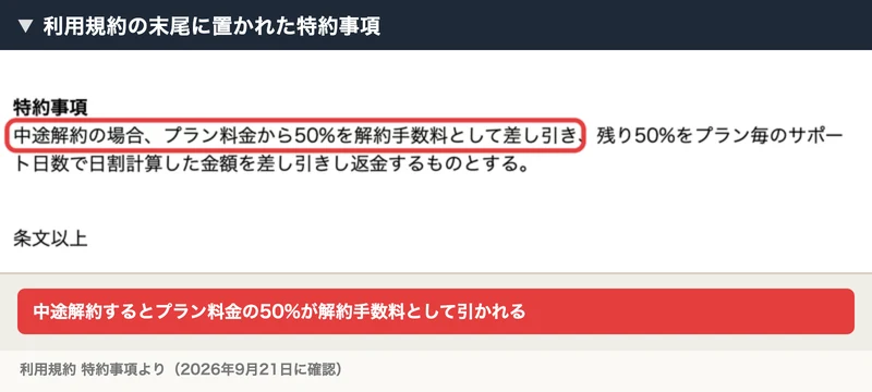 株式会社8の利用規約の特約事項。中途解約の場合、プラン料金から50%を解約手数料として差し引き、残り50%をプラン毎のサポート日数で日割計算した金額を差し引きし返金するものとすると書かれ、赤い枠で囲まれている
