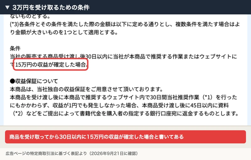 株式会社8の特定商取引法に基づく表記。30日間当社推奨作業を行ったにもかかわらず収益が1円でも発生しなかった場合、45日以内に資料を提出することで書籍代金を購入者の指定する銀行口座宛に返金すると書かれている
