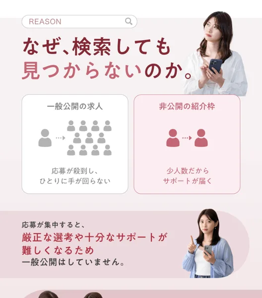 非公開の在宅ワークサイトの広告。なぜ検索しても見つからないのか、一般公開の求人は応募が殺到するが非公開の紹介枠は少人数だからサポートが届く、応募が集中すると十分なサポートが難しいため一般公開はしていないと書かれている