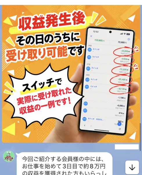 スイッチのLINEの収益実績。収益発生後その日のうちに受け取り可能です、スイッチで実際に受け取れた収益の一例ですとして、26日から28日にスイッチの名前で+9,930円から+22,000円までの入金が5件並んでいる
