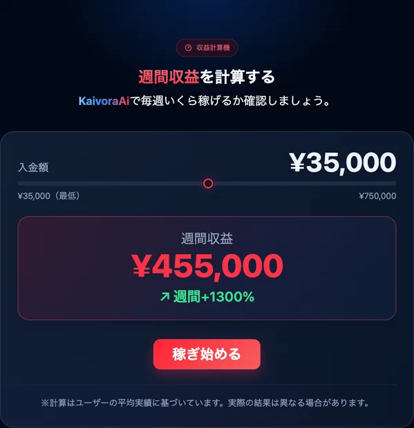 KaivoraAiの収益計算機。入金額35,000円のスライダーの下に、週間収益455,000円、週間プラス1300%と赤い文字で表示されている