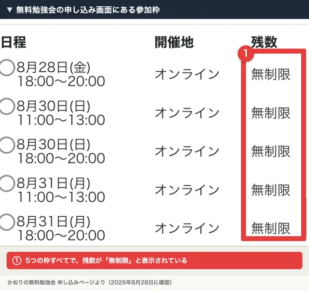 無料勉強会の日程表。5つの枠すべてで開催地がオンライン、残数が無制限と表示されている