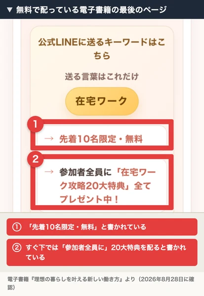 電子書籍の最後のページ。公式LINEに送るキーワードは在宅ワーク、先着10名限定・無料、参加者全員に在宅ワーク攻略20大特典プレゼント中と書かれている
