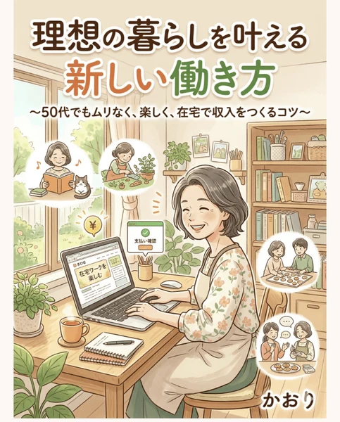 電子書籍『理想の暮らしを叶える新しい働き方 50代でもムリなく、楽しく、在宅で収入をつくるコツ』の表紙。ノートパソコンに向かう女性のイラスト