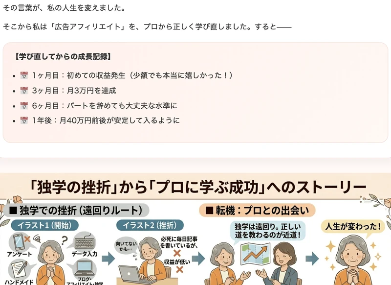 学び直してからの成長記録。1ヶ月目に初収益、3ヶ月目に月3万円、6ヶ月目にパートを辞めても大丈夫な水準、1年後に月40万円前後と書かれている