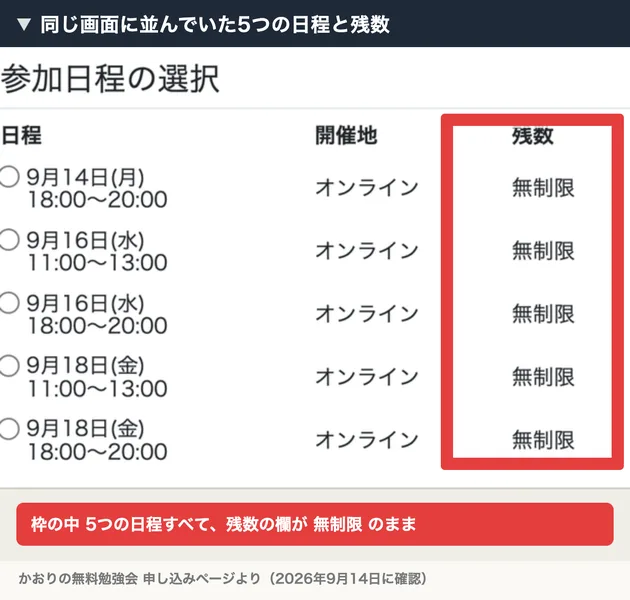 かおりの無料勉強会の日程表。9月14日18時、9月16日11時と18時、9月18日11時と18時の5枠が並び、残数はすべて無制限と表示されている