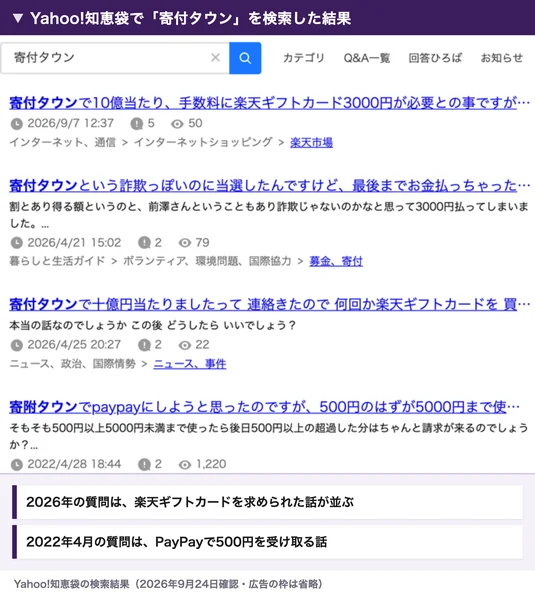 Yahoo!知恵袋で寄付タウンを検索した結果。2026年の質問には10億当たり手数料に楽天ギフトカード3000円が必要、詐欺っぽいのに当選して3000円払ってしまった、十億円当たったと連絡が来て楽天ギフトカードを買ってしまったといった題が並び、2022年4月の質問は前澤さんの頃の話になっている