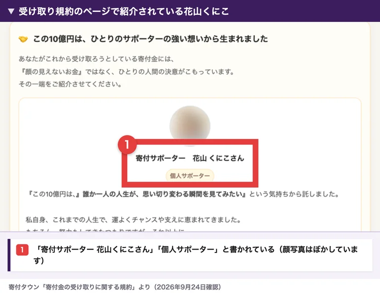 寄付タウンの受け取り規約のページ。この10億円は、ひとりのサポーターの強い想いから生まれましたという見出しの下に、寄付サポーター 花山くにこさん、個人サポーターと書かれ、顔写真が添えられている。顔写真はぼかしてある