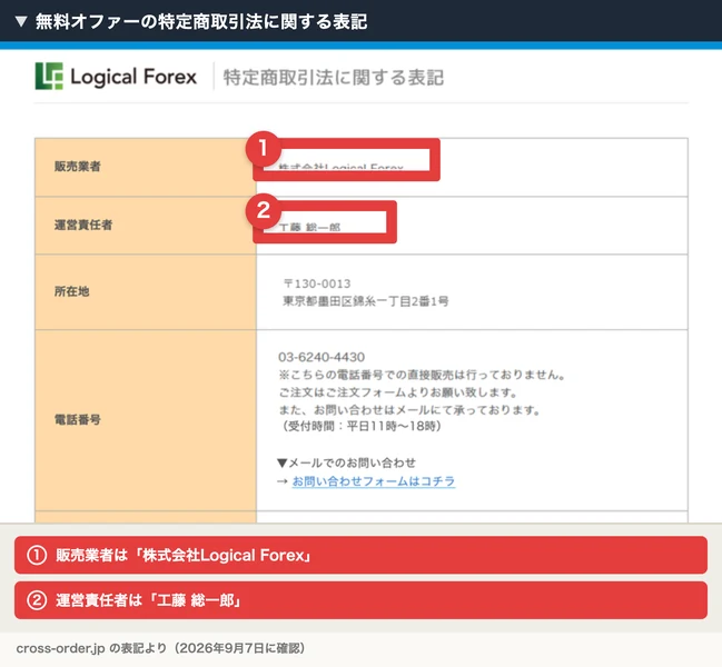 無料オファーの特定商取引法に関する表記。販売業者は株式会社Logical Forex、運営責任者は工藤総一郎、所在地は東京都墨田区錦糸一丁目2番1号、電話番号は03-6240-4430と書かれている