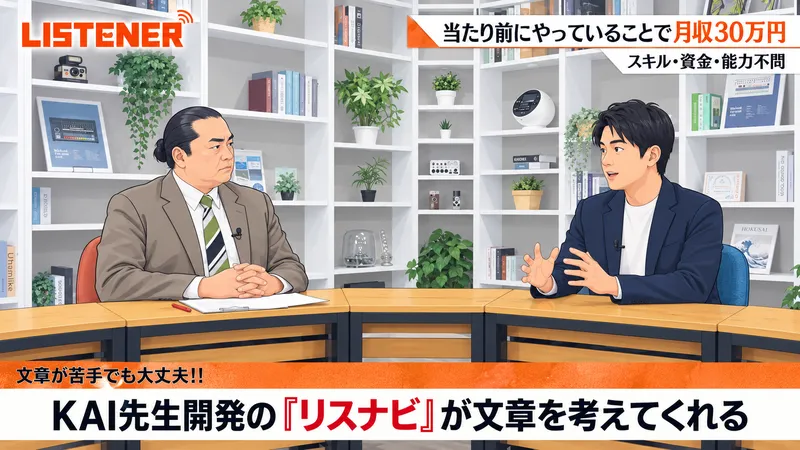 LISTENERの第1話の動画の場面。KAIと聞き手が向かい合い、画面の下にKAI先生開発のリスナビが文章を考えてくれる、とテロップが出ている