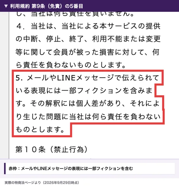LISTENERの利用規約第9条の免責。5番目に、メールやLINEメッセージで伝えられている表現には一部フィクションを含みます、と書かれている